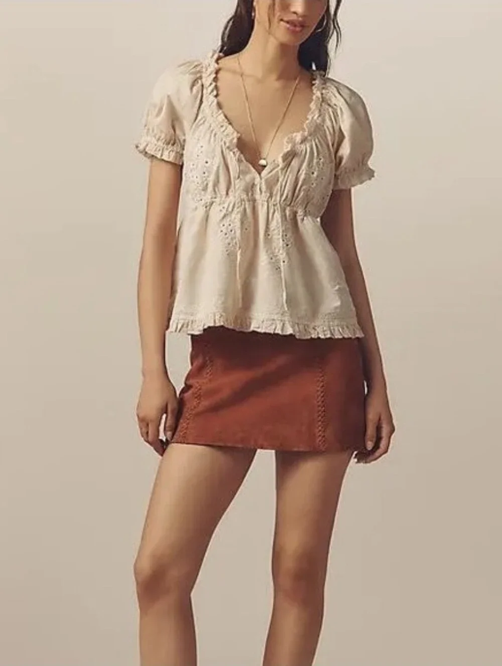 Anthropologie Puff-Sleeve Embroidered Babydoll Top tan and cream stripes Sz XL - Picture 4 of 16